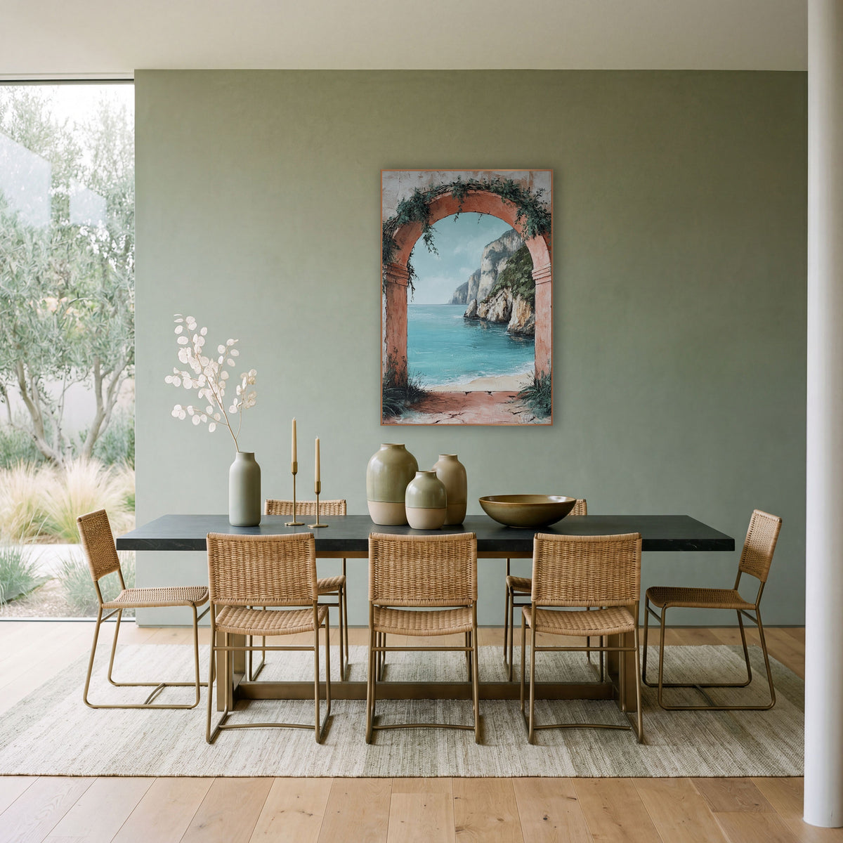 Blush Arch Limestone Bay Coastal wall art in a bright coastal-style room – terracotta arch with green vines framing