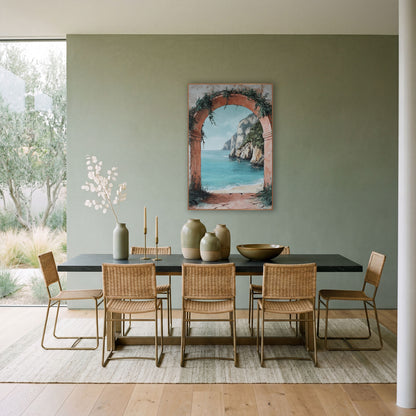 Blush Arch Limestone Bay Coastal wall art in a bright coastal-style room – terracotta arch with green vines framing