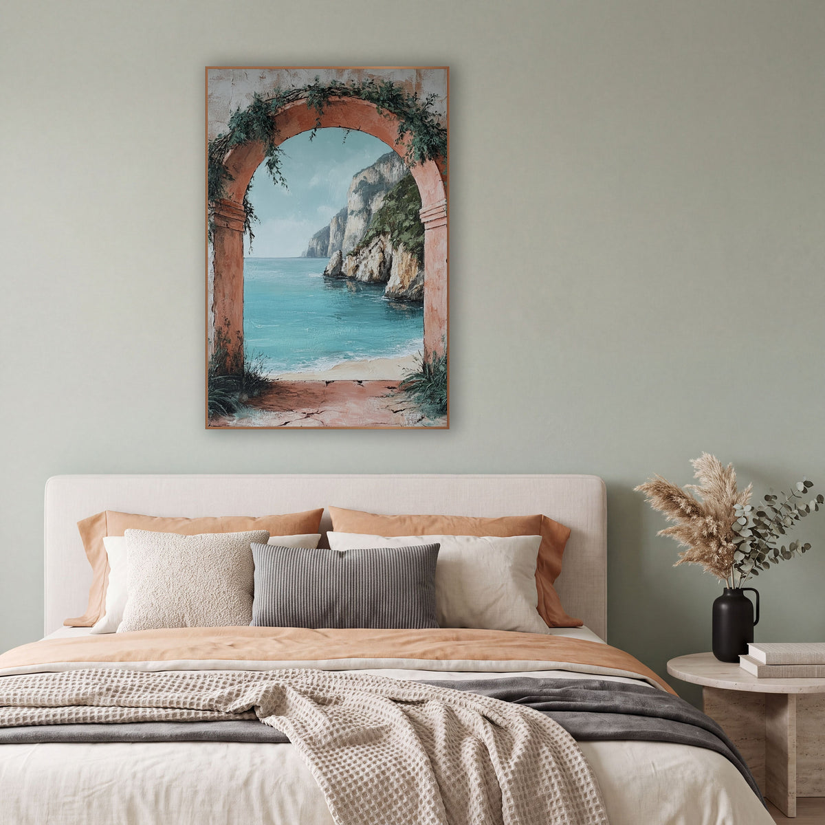 Blush Arch Limestone Bay Coastal wall art in a bright coastal-style room – terracotta arch with green vines framing