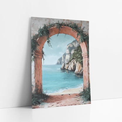 Blush Arch Limestone Bay Coastal art print leaning against a white wall – terracotta arch with green vines framing