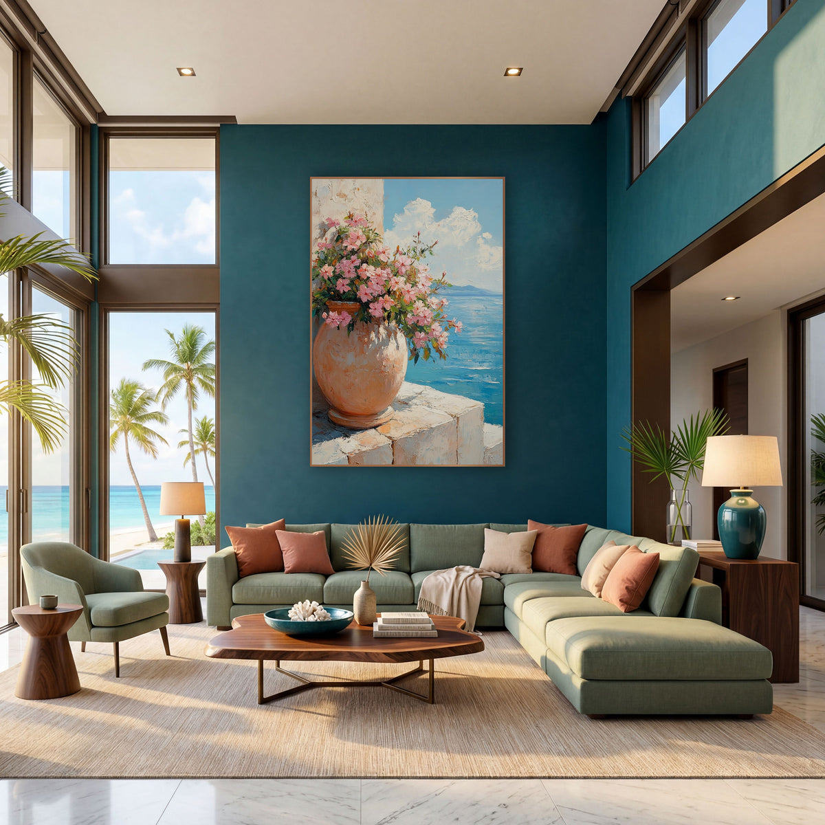 Pink Blossoms Terracotta Urn Coastal wall art in a bright coastal-style room – round terracotta urn filled with pink