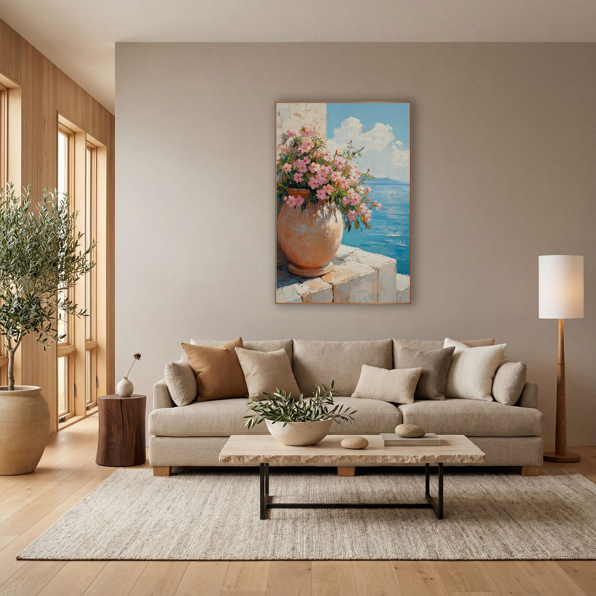 Pink Blossoms Terracotta Urn Coastal wall art in a bright coastal-style room – round terracotta urn filled with pink