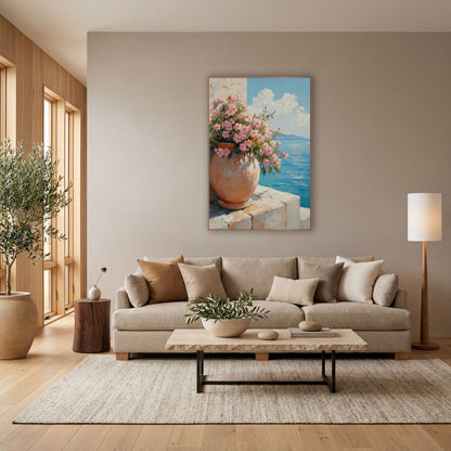 Pink Blossoms Terracotta Urn Coastal wall art in a bright coastal-style room – round terracotta urn filled with pink
