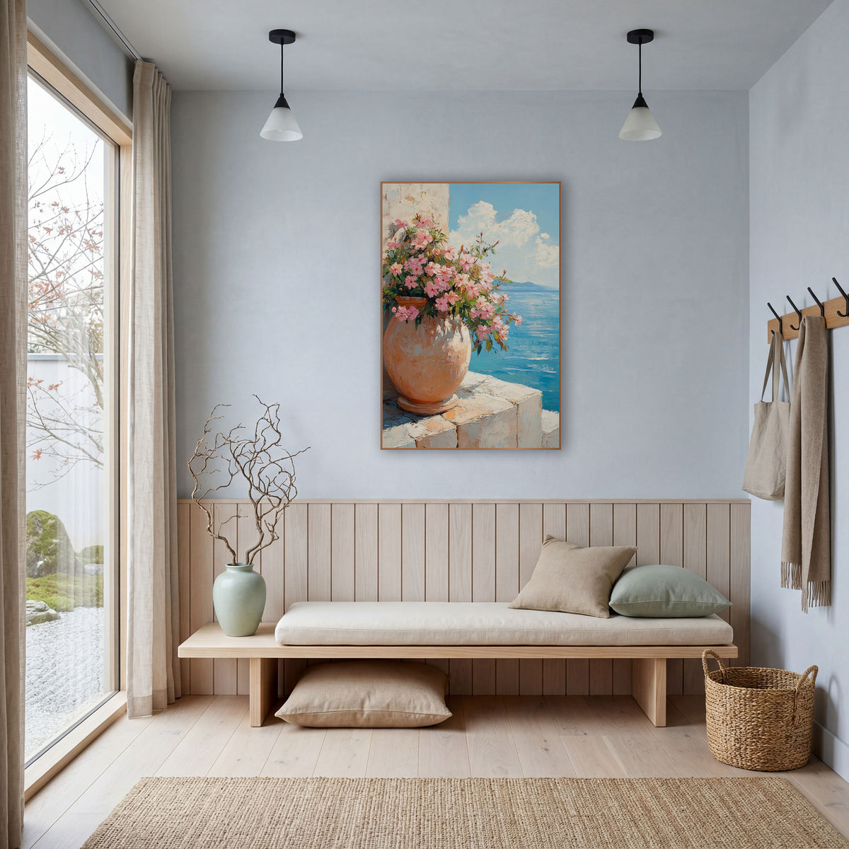 Pink Blossoms Terracotta Urn Coastal wall art in a bright coastal-style room – round terracotta urn filled with pink