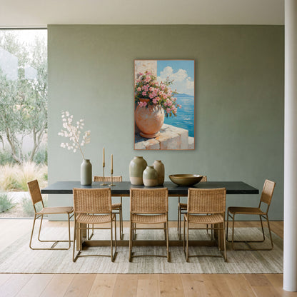 Pink Blossoms Terracotta Urn Coastal wall art in a bright coastal-style room – round terracotta urn filled with pink