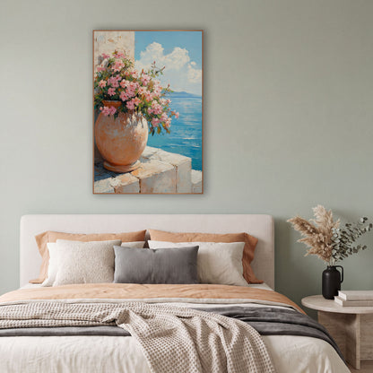 Pink Blossoms Terracotta Urn Coastal wall art in a bright coastal-style room – round terracotta urn filled with pink