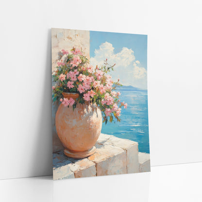 Pink Blossoms Terracotta Urn Coastal art print leaning against a white wall – round terracotta urn filled with pink flowers