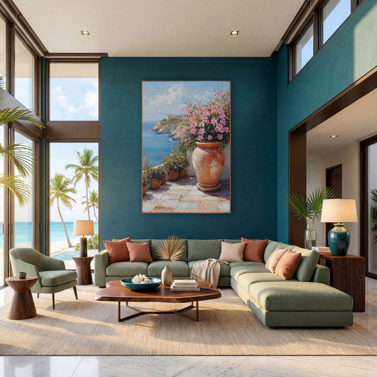 Cliffside Terrace Pink Blossom Coastal wall art in a bright coastal-style room – large terracotta urn with pink