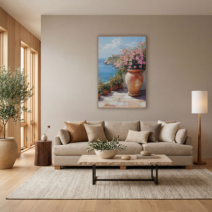 Cliffside Terrace Pink Blossom Coastal wall art in a bright coastal-style room – large terracotta urn with pink