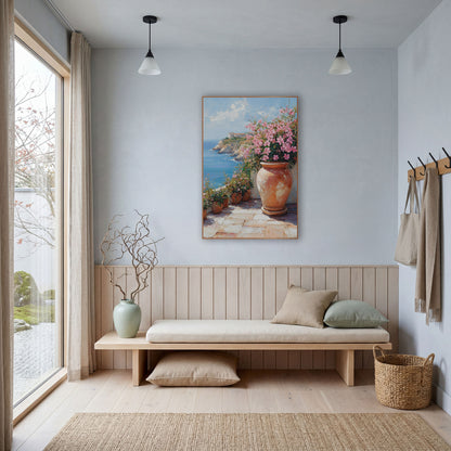 Cliffside Terrace Pink Blossom Coastal wall art in a bright coastal-style room – large terracotta urn with pink