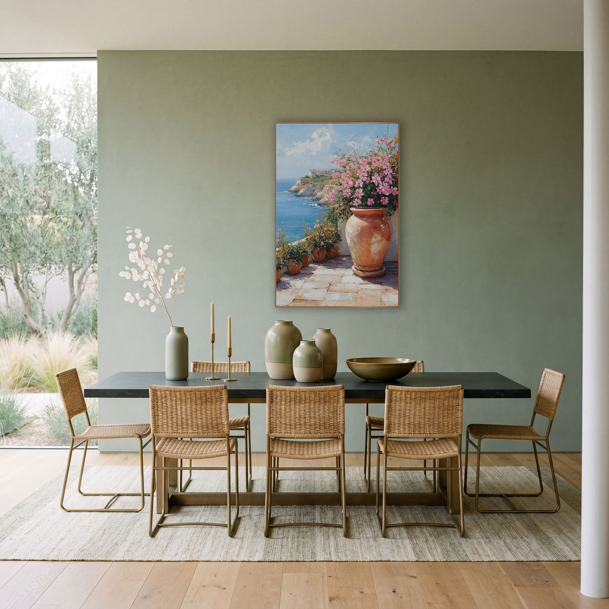 Cliffside Terrace Pink Blossom Coastal wall art in a bright coastal-style room – large terracotta urn with pink