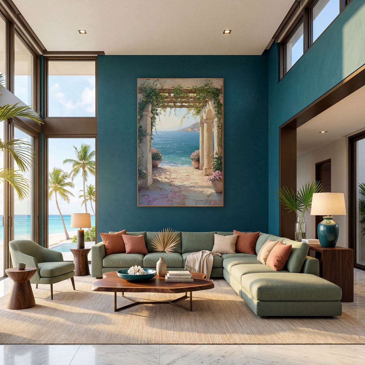 Vine Archway Sea View Coastal wall art in a bright coastal-style room – stone archway draped in green vines frames