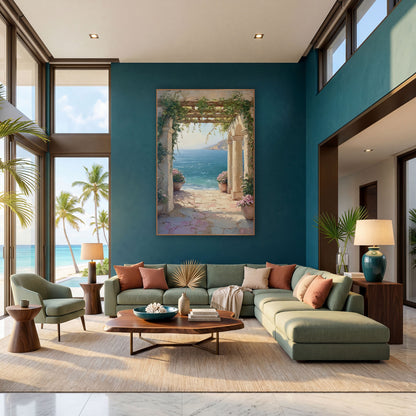 Vine Archway Sea View Coastal wall art in a bright coastal-style room – stone archway draped in green vines frames