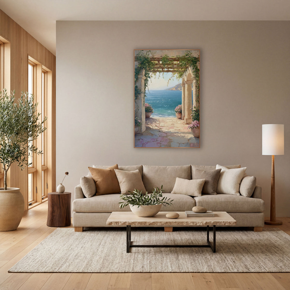 Vine Archway Sea View Coastal wall art in a bright coastal-style room – stone archway draped in green vines frames