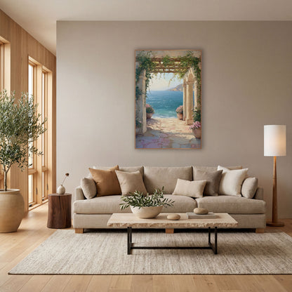 Vine Archway Sea View Coastal wall art in a bright coastal-style room – stone archway draped in green vines frames