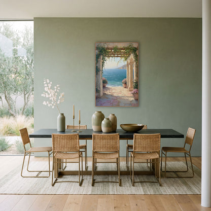 Vine Archway Sea View Coastal wall art in a bright coastal-style room – stone archway draped in green vines frames