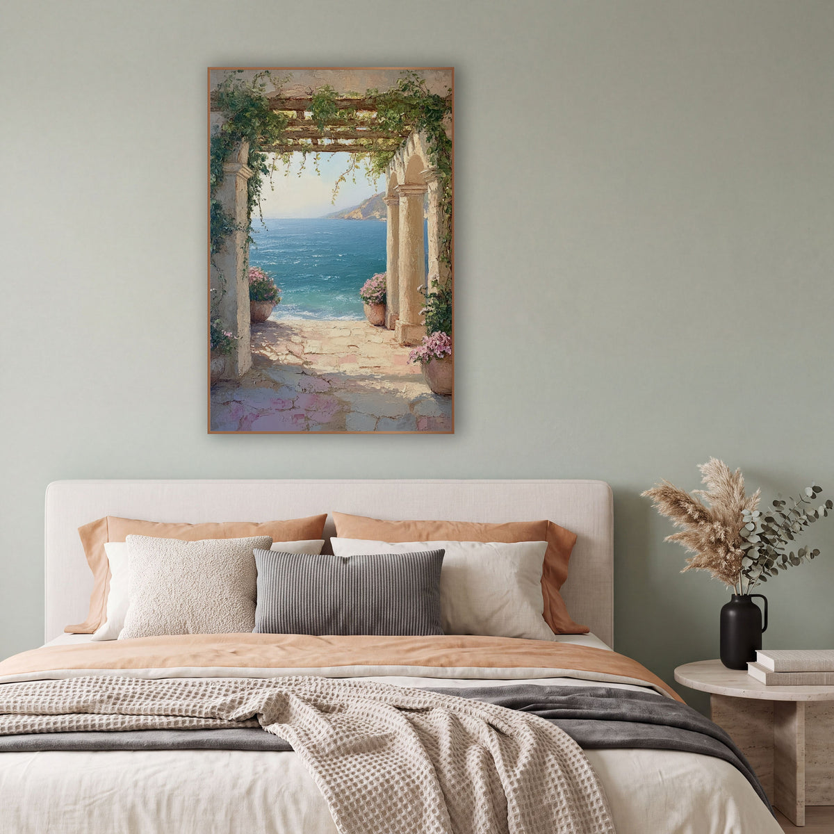 Vine Archway Sea View Coastal wall art in a bright coastal-style room – stone archway draped in green vines frames