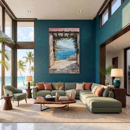 Rose Archway Coastal Sea View wall art in a bright coastal-style room – pink-washed stone archway with climbing roses