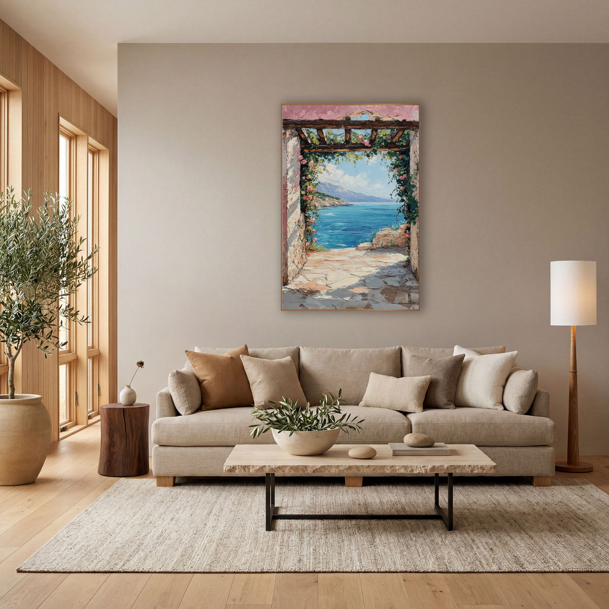 Rose Archway Coastal Sea View wall art in a bright coastal-style room – pink-washed stone archway with climbing roses