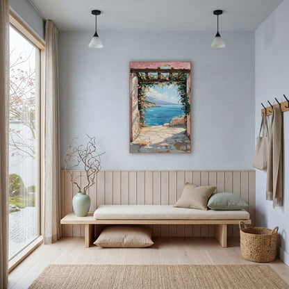 Rose Archway Coastal Sea View wall art in a bright coastal-style room – pink-washed stone archway with climbing roses