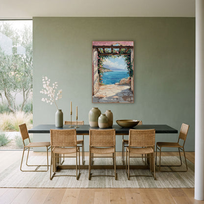 Rose Archway Coastal Sea View wall art in a bright coastal-style room – pink-washed stone archway with climbing roses