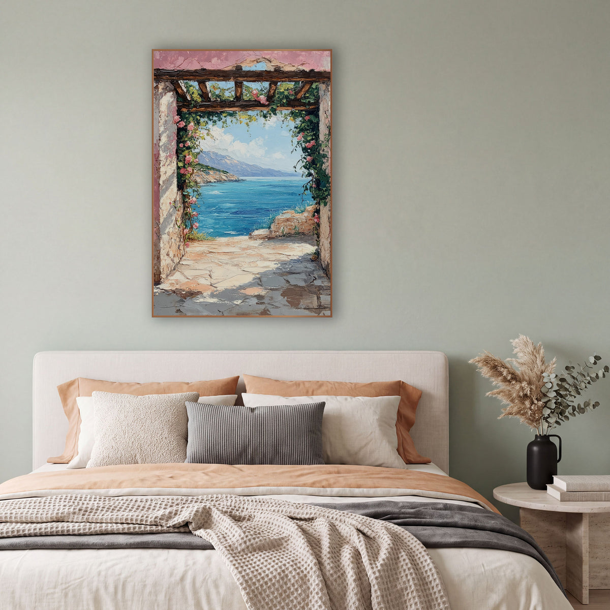Rose Archway Coastal Sea View wall art in a bright coastal-style room – pink-washed stone archway with climbing roses