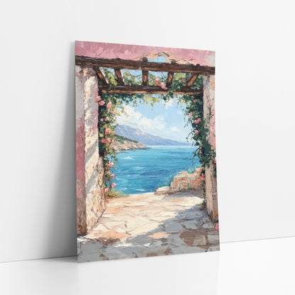 Rose Archway Coastal Sea View art print leaning against a white wall – pink-washed stone archway with climbing roses