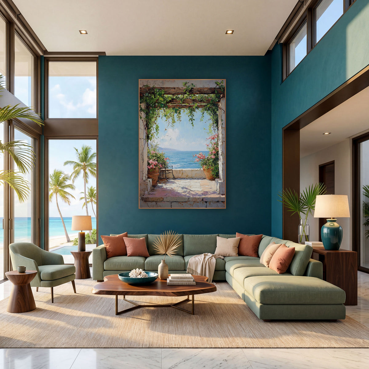 Vine Arch Terrace Sea View Coastal wall art in a bright coastal-style room – stone archway with trailing green vines