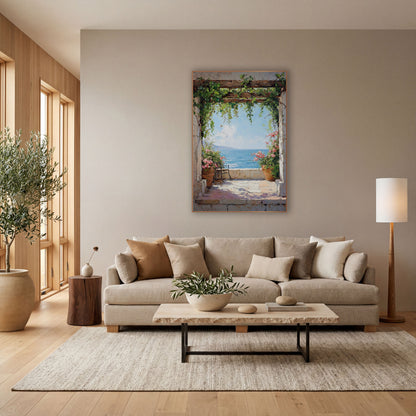 Vine Arch Terrace Sea View Coastal wall art in a bright coastal-style room – stone archway with trailing green vines