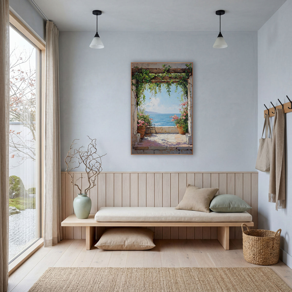 Vine Arch Terrace Sea View Coastal wall art in a bright coastal-style room – stone archway with trailing green vines