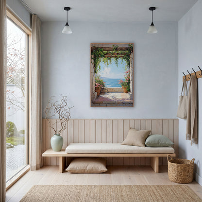 Vine Arch Terrace Sea View Coastal wall art in a bright coastal-style room – stone archway with trailing green vines