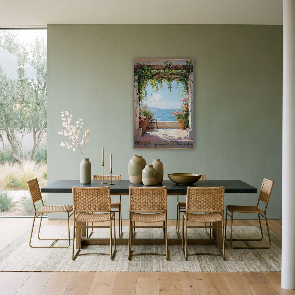Vine Arch Terrace Sea View Coastal wall art in a bright coastal-style room – stone archway with trailing green vines
