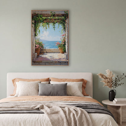 Vine Arch Terrace Sea View Coastal wall art in a bright coastal-style room – stone archway with trailing green vines