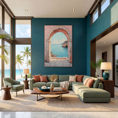 Rosy Stone Doorway Aqua Cove Boho wall art in a bright coastal-style room – rounded stone arch in a weathered pink