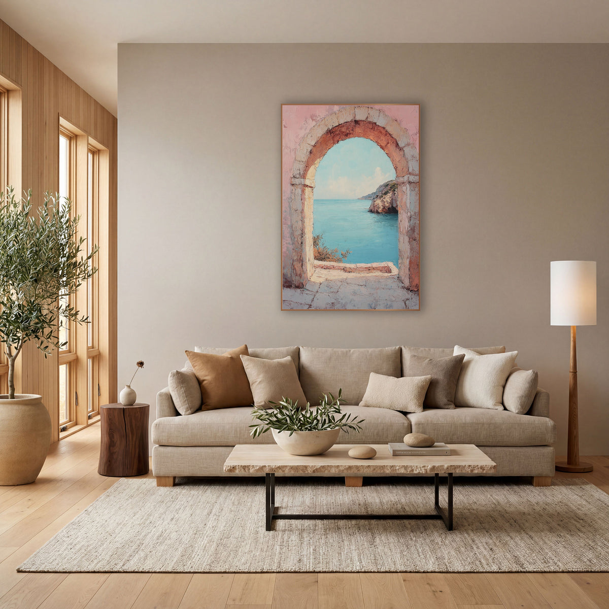 Rosy Stone Doorway Aqua Cove Boho wall art in a bright coastal-style room – rounded stone arch in a weathered pink