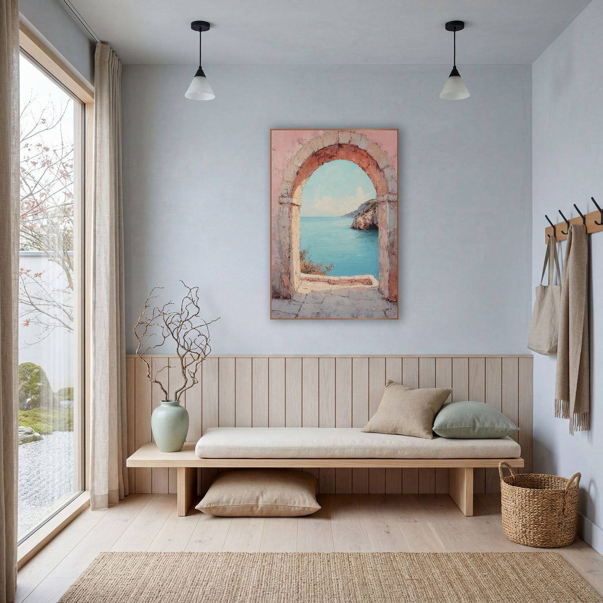 Rosy Stone Doorway Aqua Cove Boho wall art in a bright coastal-style room – rounded stone arch in a weathered pink