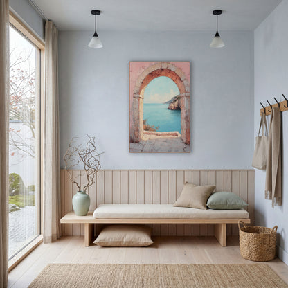 Rosy Stone Doorway Aqua Cove Boho wall art in a bright coastal-style room – rounded stone arch in a weathered pink