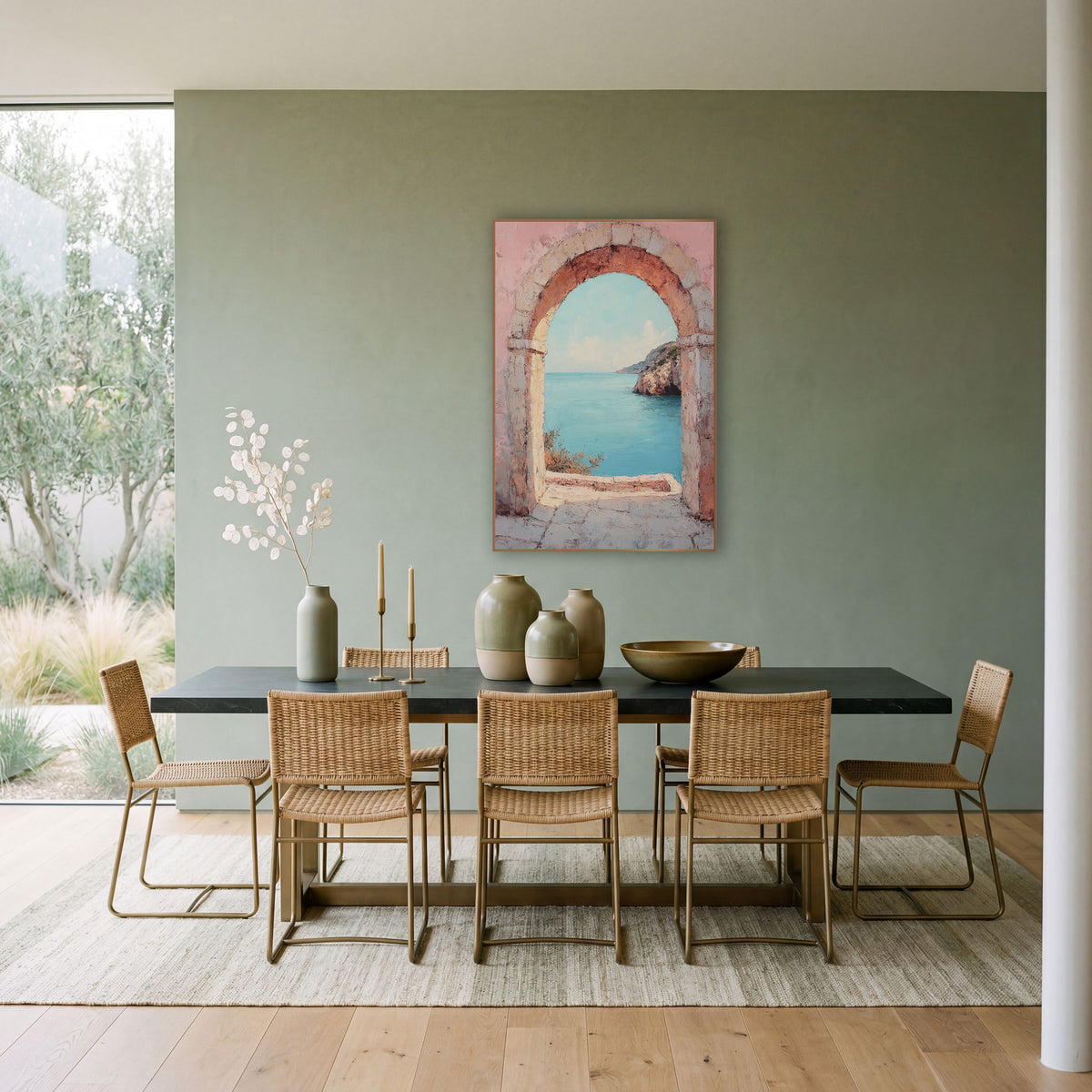 Rosy Stone Doorway Aqua Cove Boho wall art in a bright coastal-style room – rounded stone arch in a weathered pink