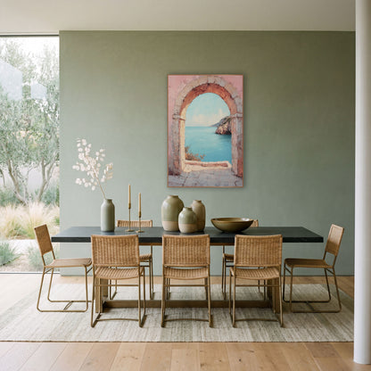 Rosy Stone Doorway Aqua Cove Boho wall art in a bright coastal-style room – rounded stone arch in a weathered pink