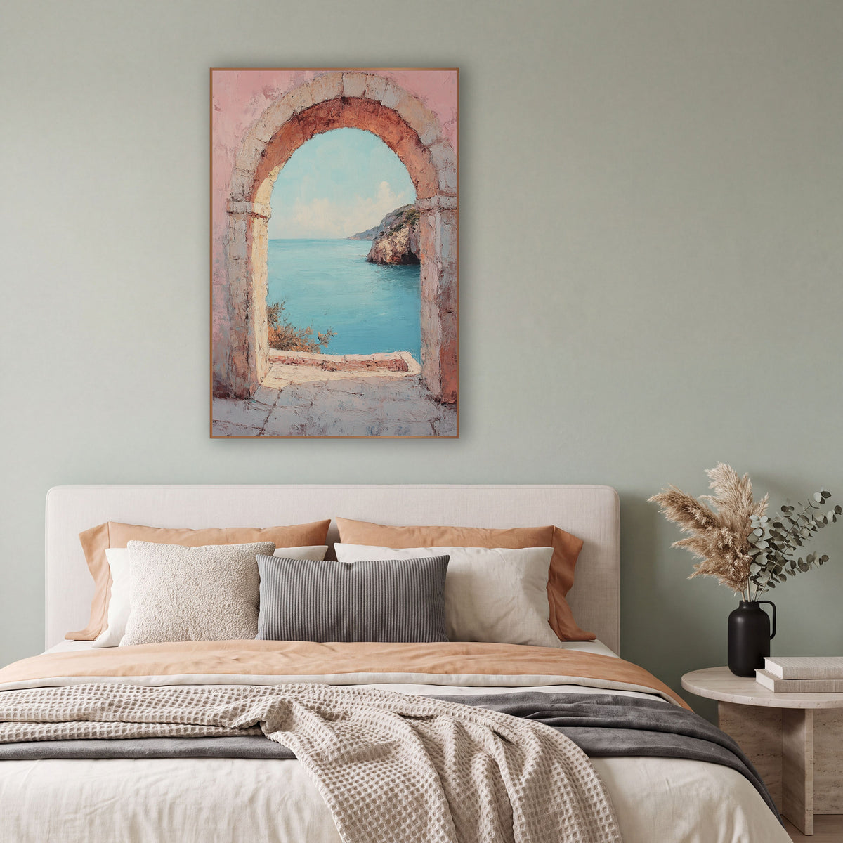 Rosy Stone Doorway Aqua Cove Boho wall art in a bright coastal-style room – rounded stone arch in a weathered pink