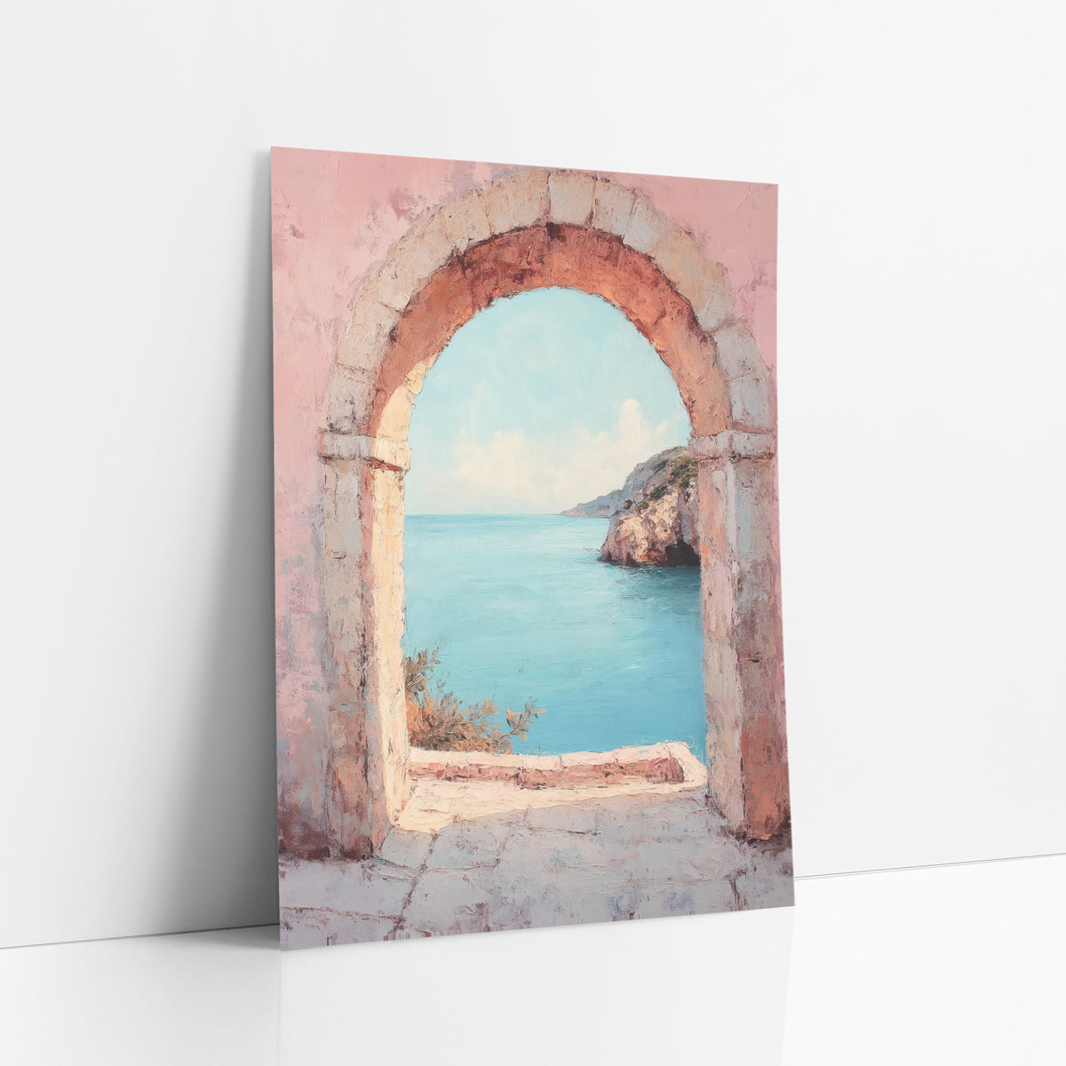 Rosy Stone Doorway Aqua Cove Boho art print leaning against a white wall – rounded stone arch in a weathered pink wall