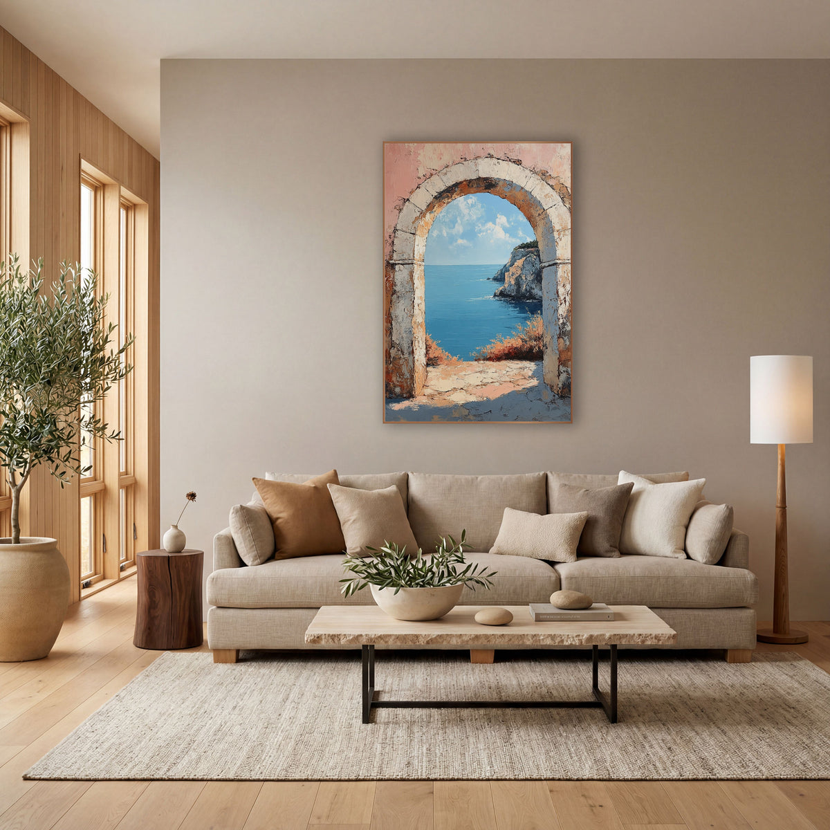 Weathered Stone Arch Seaside View wall art in a bright coastal-style room – weathered stone arch on a coral pink wall