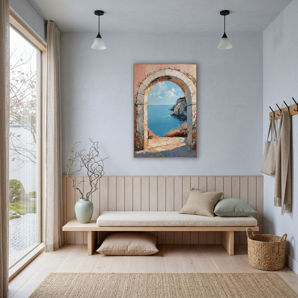 Weathered Stone Arch Seaside View wall art in a bright coastal-style room – weathered stone arch on a coral pink wall
