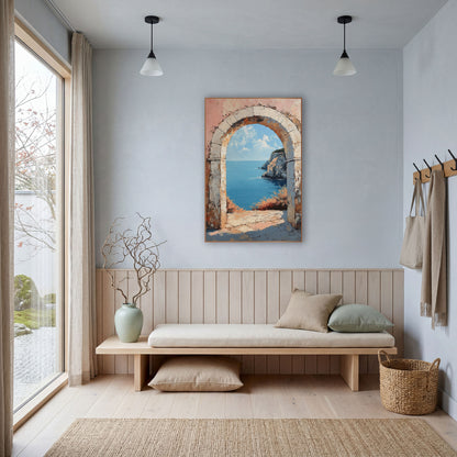 Weathered Stone Arch Seaside View wall art in a bright coastal-style room – weathered stone arch on a coral pink wall