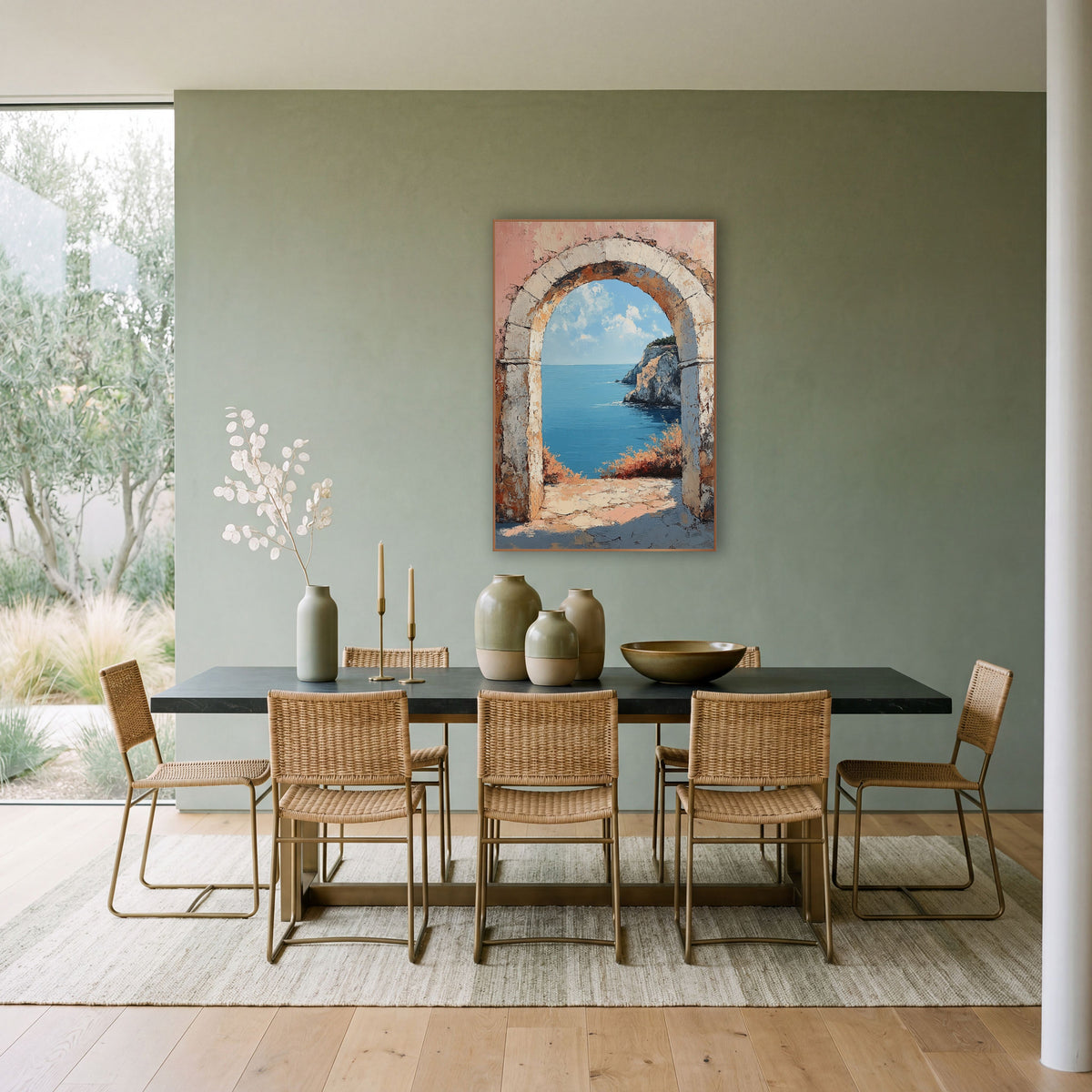 Weathered Stone Arch Seaside View wall art in a bright coastal-style room – weathered stone arch on a coral pink wall