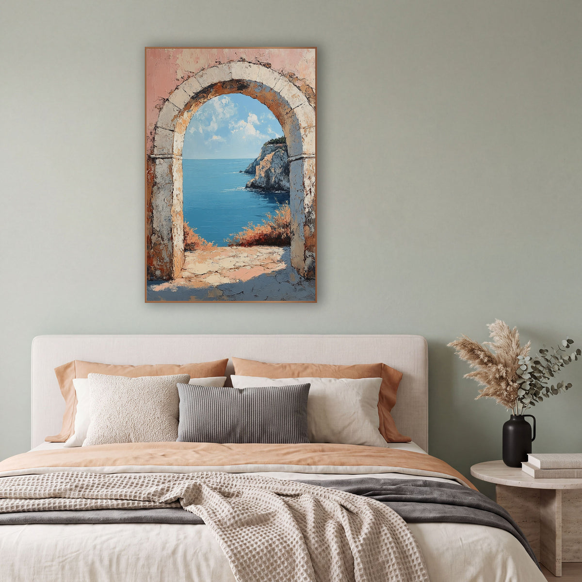Weathered Stone Arch Seaside View wall art in a bright coastal-style room – weathered stone arch on a coral pink wall
