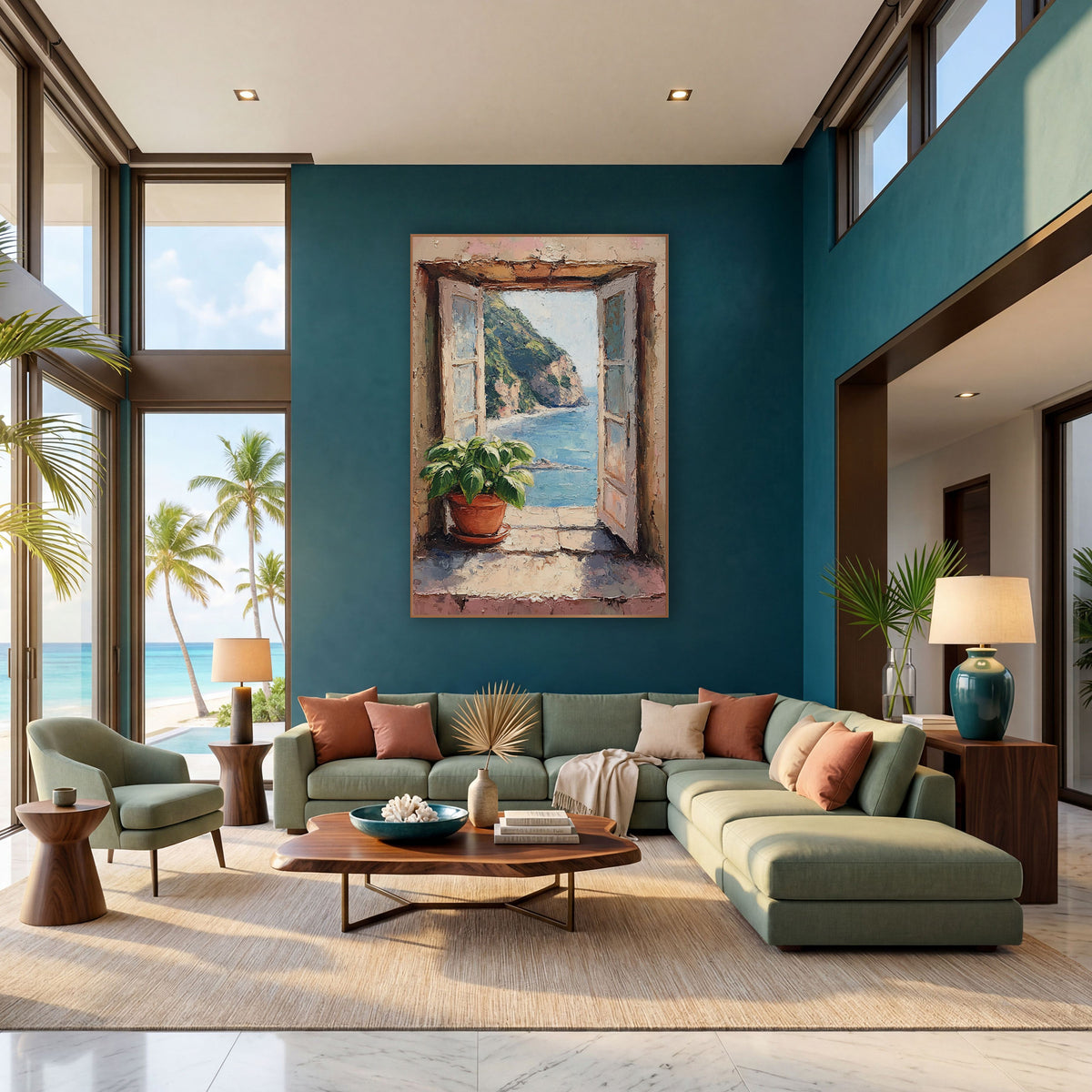 Open Window Sea View Coastal wall art in a bright coastal-style room – open shuttered window with a potted green plant