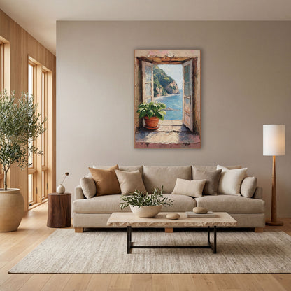 Open Window Sea View Coastal wall art in a bright coastal-style room – open shuttered window with a potted green plant
