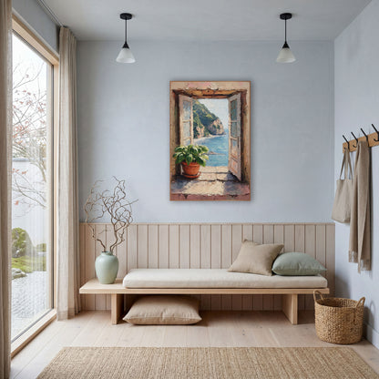 Open Window Sea View Coastal wall art in a bright coastal-style room – open shuttered window with a potted green plant
