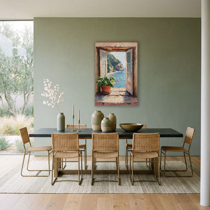 Open Window Sea View Coastal wall art in a bright coastal-style room – open shuttered window with a potted green plant